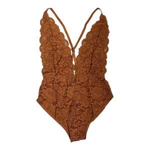 We are HAH Free People NWT Comin' In HAHt Bodysuit Lace Coquette Brown Sugar XS